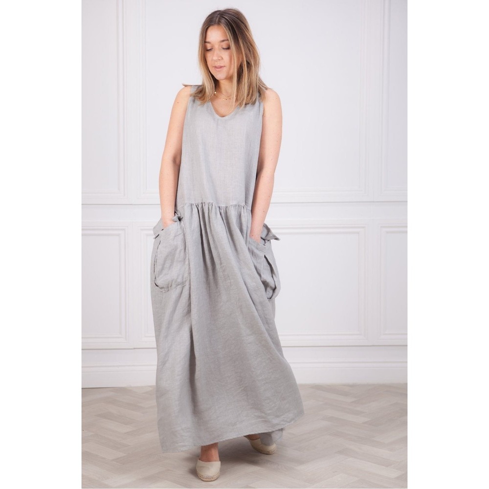 CROSSLEY Italy Gray 100% Linen Bluma V-Neck Maxi Dress Lagenlook Small‎